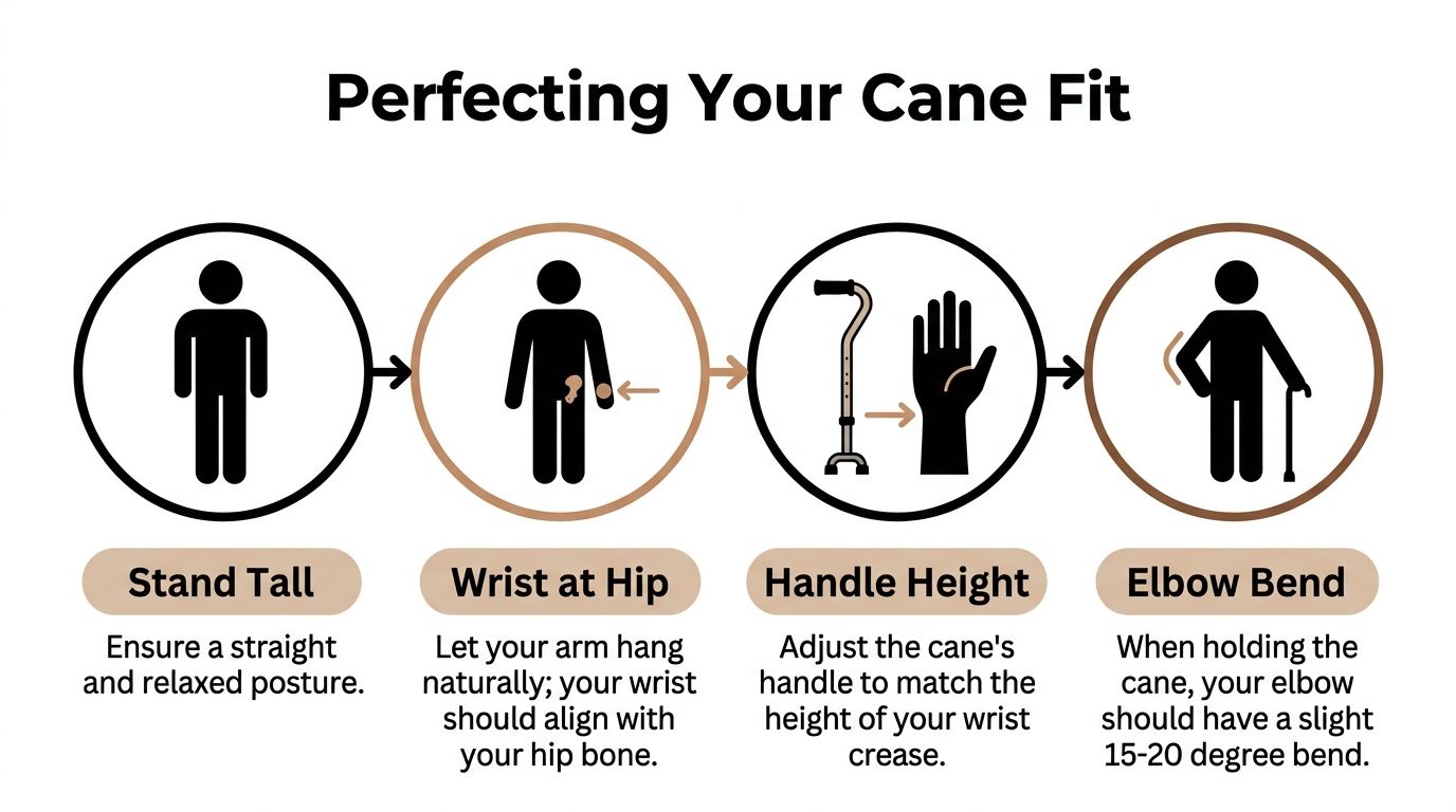 An instructional infographic detailing the four steps for properly fitting an adjustable cane to your body height.