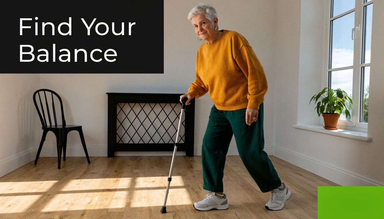 An elderly woman with short grey hair walking across a bright room using an adjustable aluminum cane.