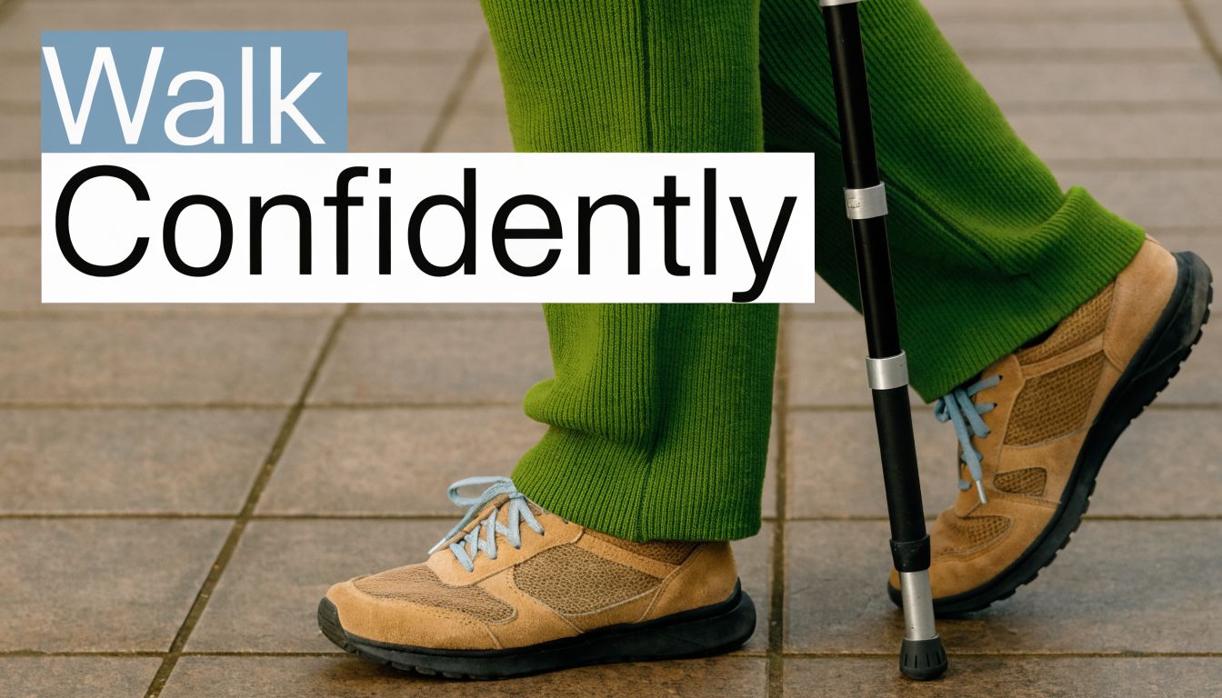 A person wearing green pants and sneakers uses an adjustable aluminum cane to walk confidently outside.