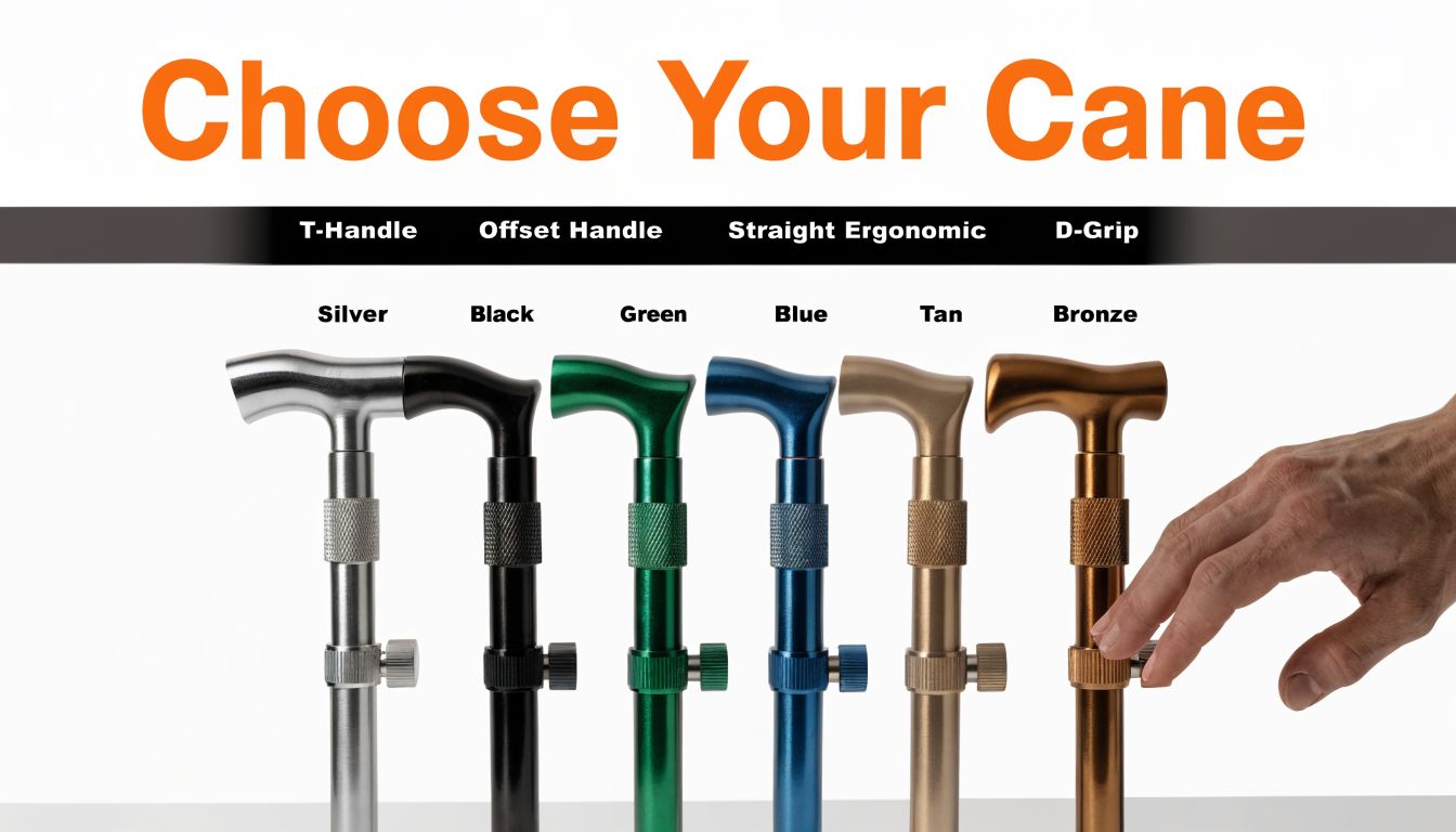 A row of six adjustable aluminum walking canes in various metallic colors shown against a white background.