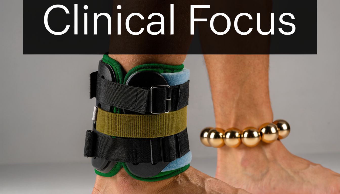 A close-up view of a medical ankle cuff support device on a person's lower leg.