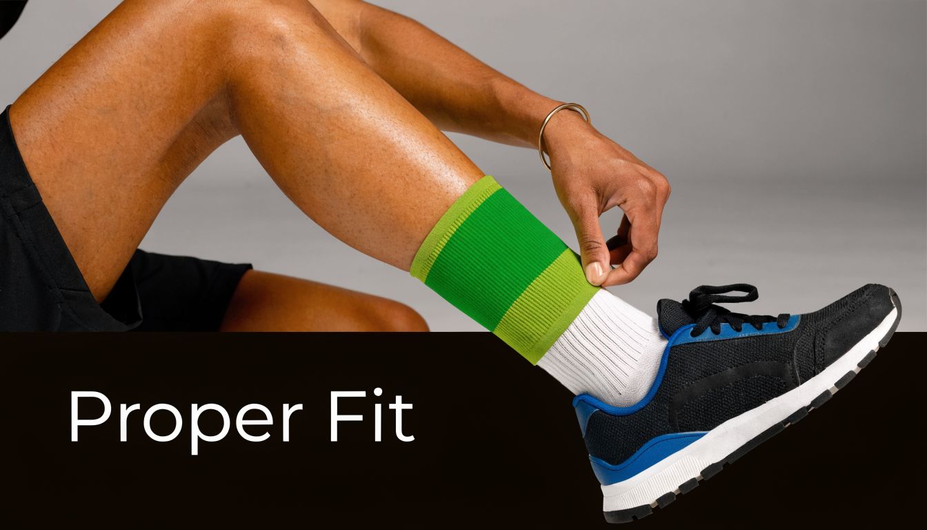 A person adjusting a bright green compression sleeve on their lower leg above a white sock.