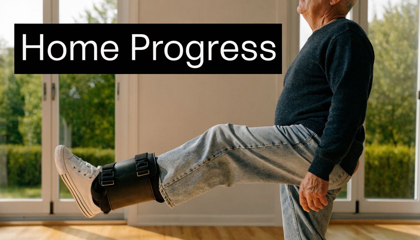 An elderly man wearing a black ankle brace while performing leg rehabilitation exercises in a bright room.