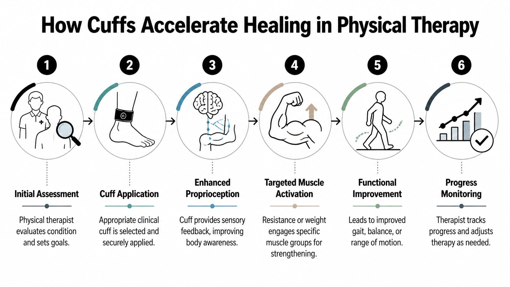 A six-step infographic showing how therapeutic cuffs aid physical therapy through assessment, application, activation, and monitoring.