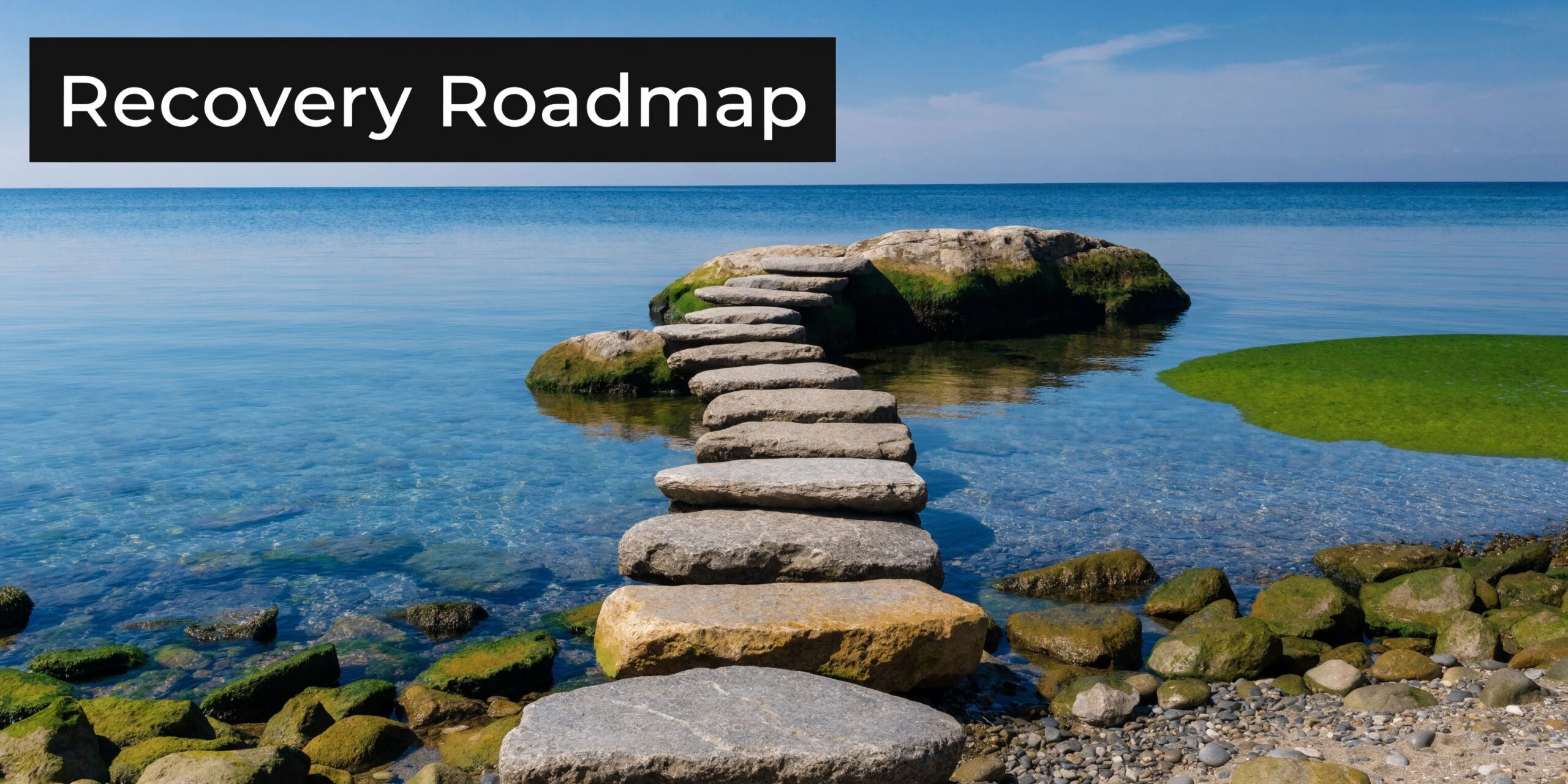 Stepping stones across clear shallow water leading to a rocky outcrop under a bright blue sky.
