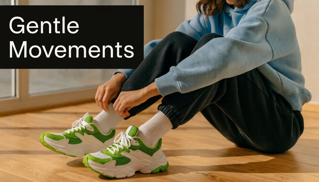 A person sitting on a wooden floor wearing a light blue hoodie and lime green athletic sneakers.