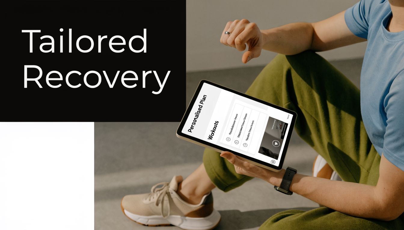 A person sitting on the ground using a tablet to view a personalized fitness recovery plan.