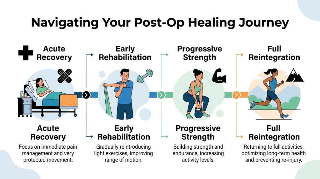 An infographic showing the four stages of a post-operative healing journey from recovery to full activity.