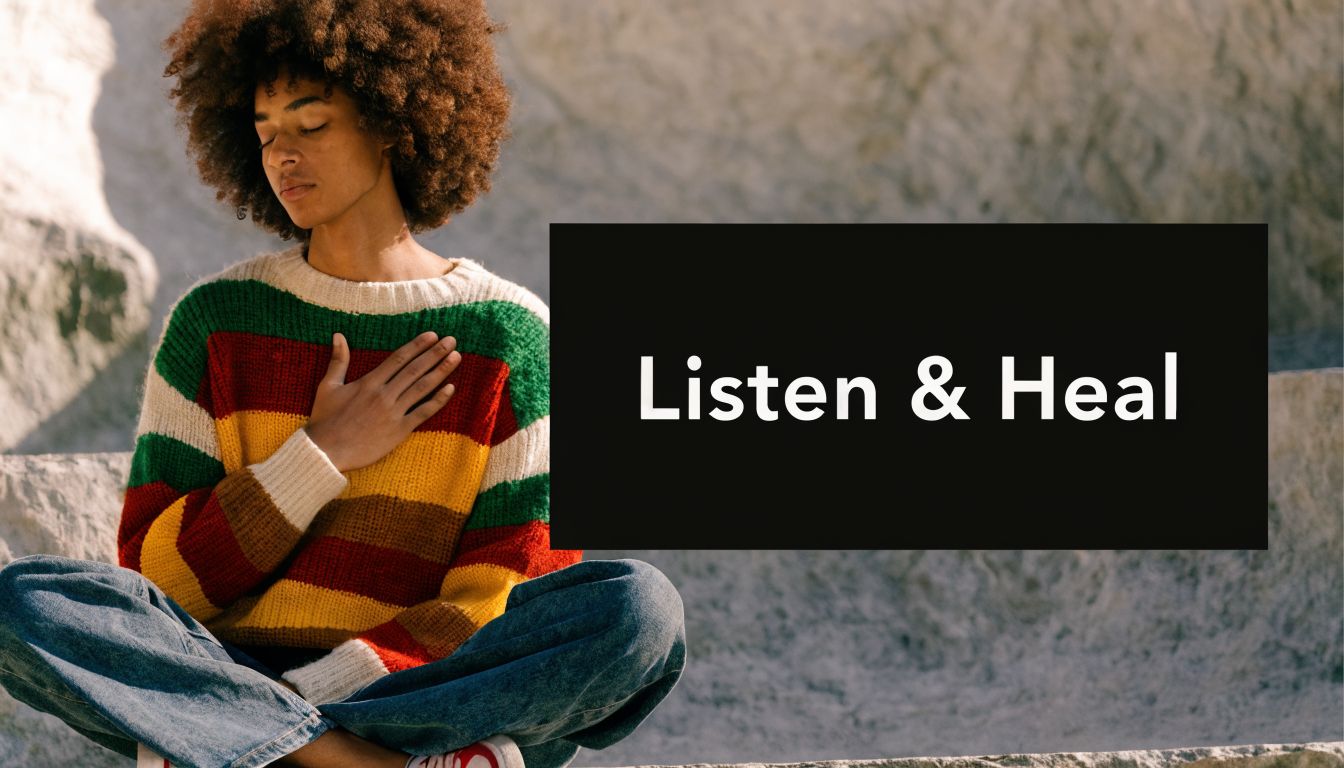 A person with an afro haircut sitting in meditation with their hand on their heart.