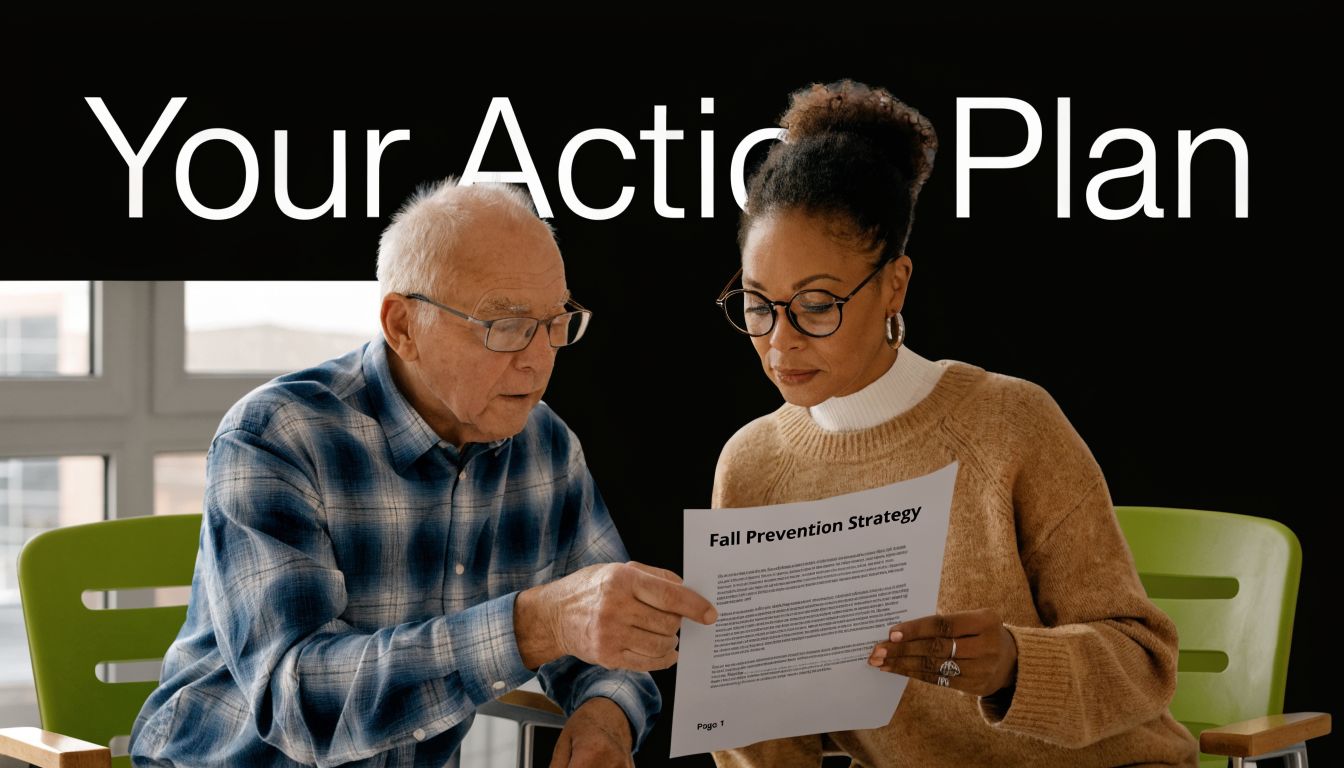 An elderly man in a plaid shirt reviewing a fall prevention strategy document with a professional consultant.