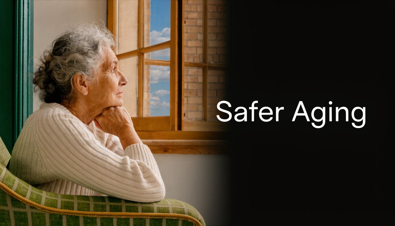 An elderly woman with grey hair sits thoughtfully in a green patterned armchair looking out a window.