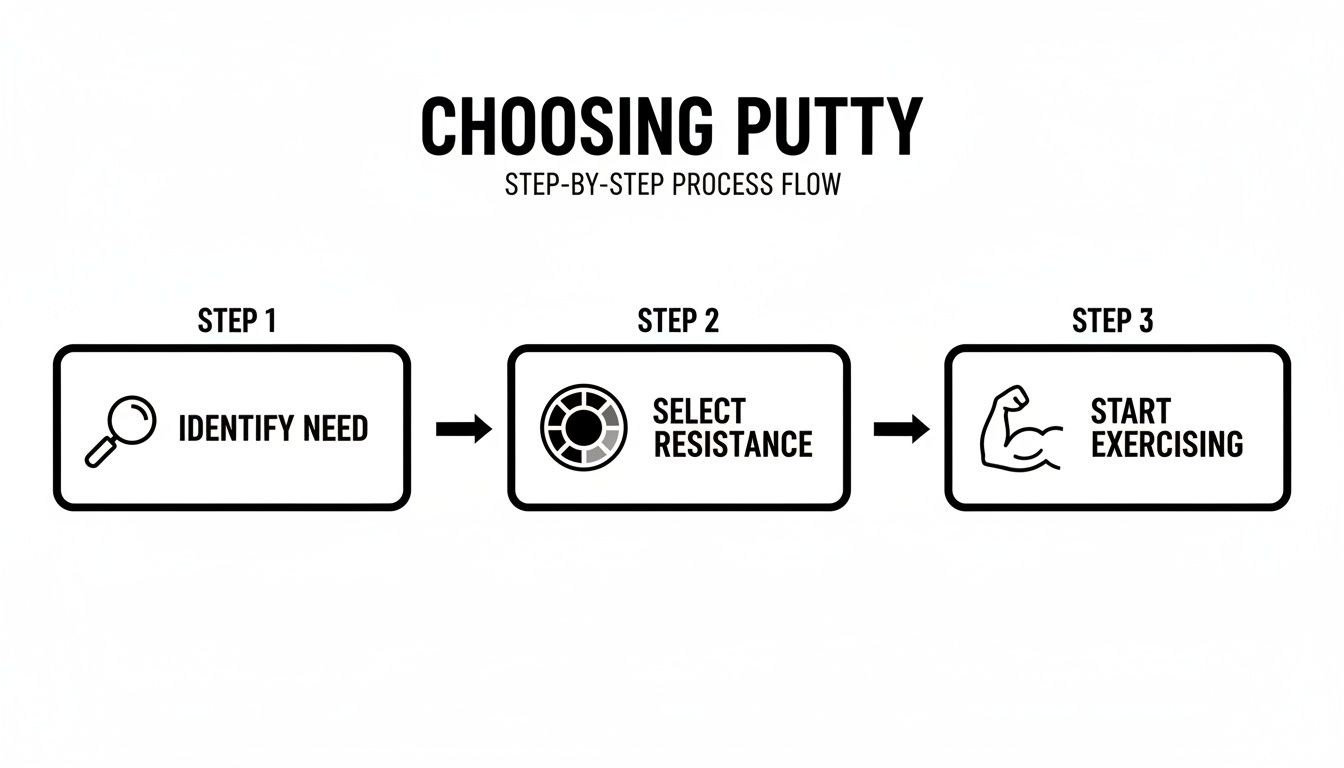 A three-step process flow for choosing and using hand exercise putty, detailing 'Identify Need', 'Select Resistance', and 'Start Exercising'.