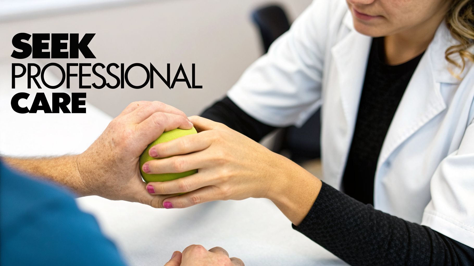 A healthcare professional guides a patient in hand exercises with green therapy putty.