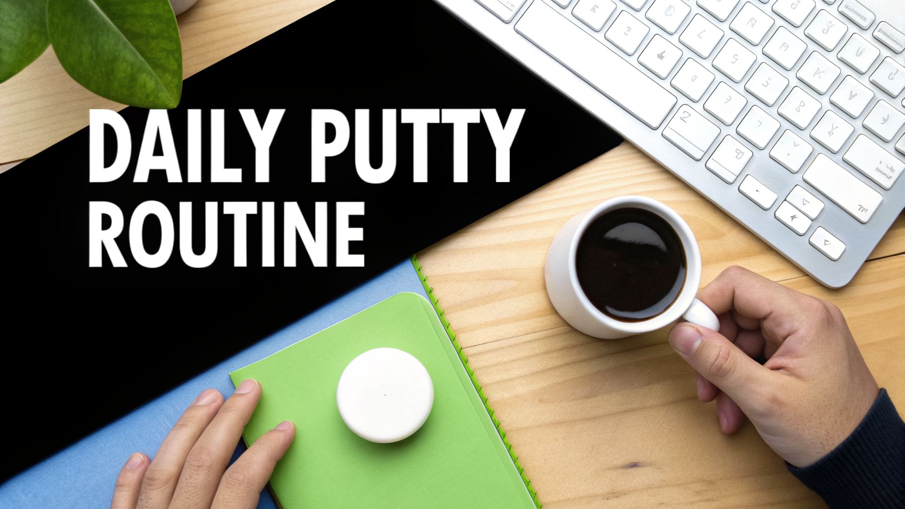 A desk flat lay showing 'DAILY PUTTY ROUTINE' text, a notebook, coffee, and hands.