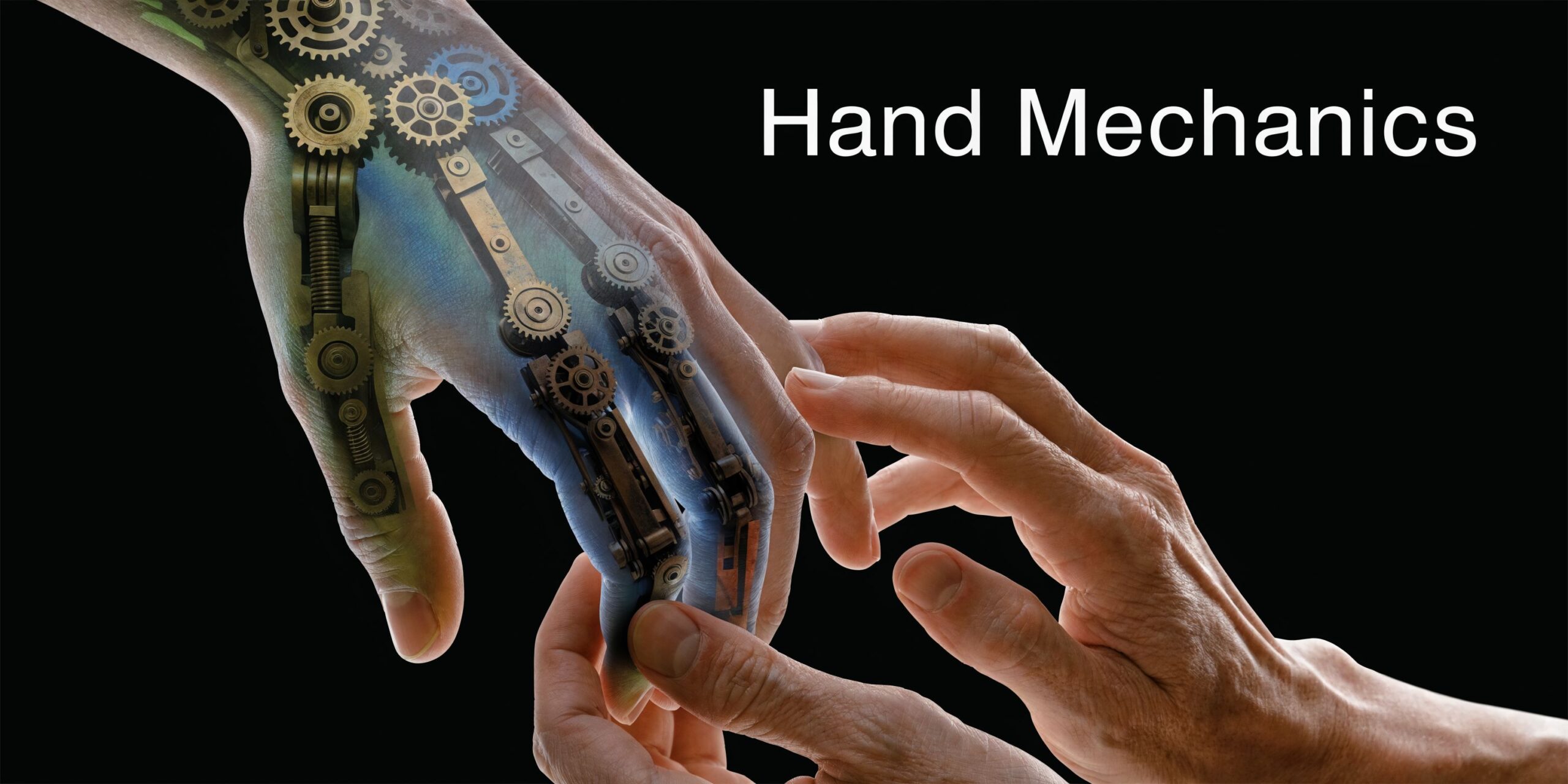 A human hand reaching out to touch a robotic hand with visible internal mechanical gears and components.