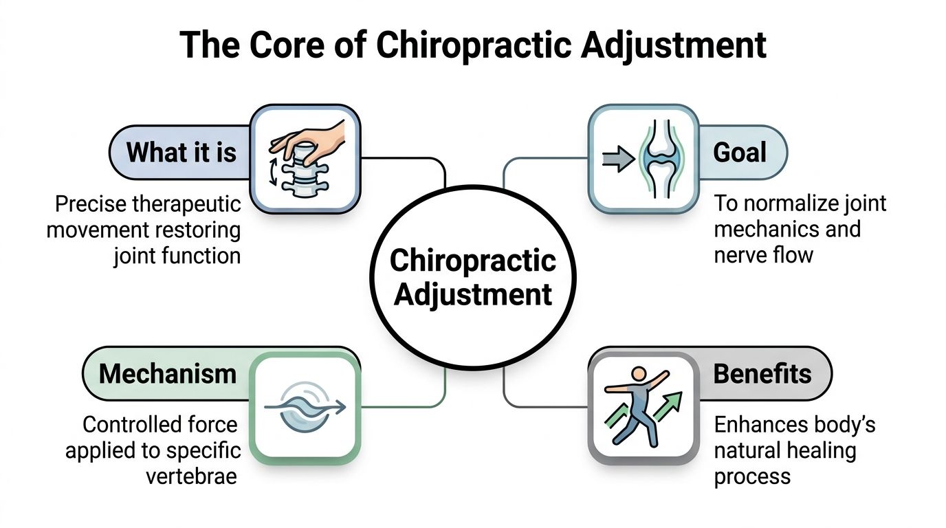 An infographic detailing the core components of chiropractic adjustment including definition, goal, mechanism, and physical health benefits.