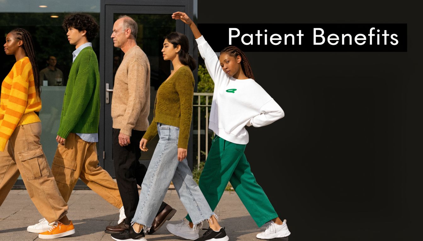 A diverse group of people walking together outdoors in comfortable clothing with the heading Patient Benefits visible.