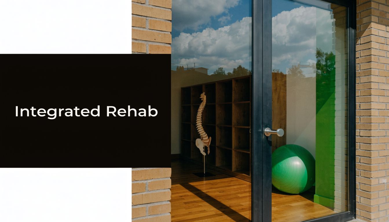 A modern rehabilitation clinic office featuring a spine model and exercise ball visible through glass doors.