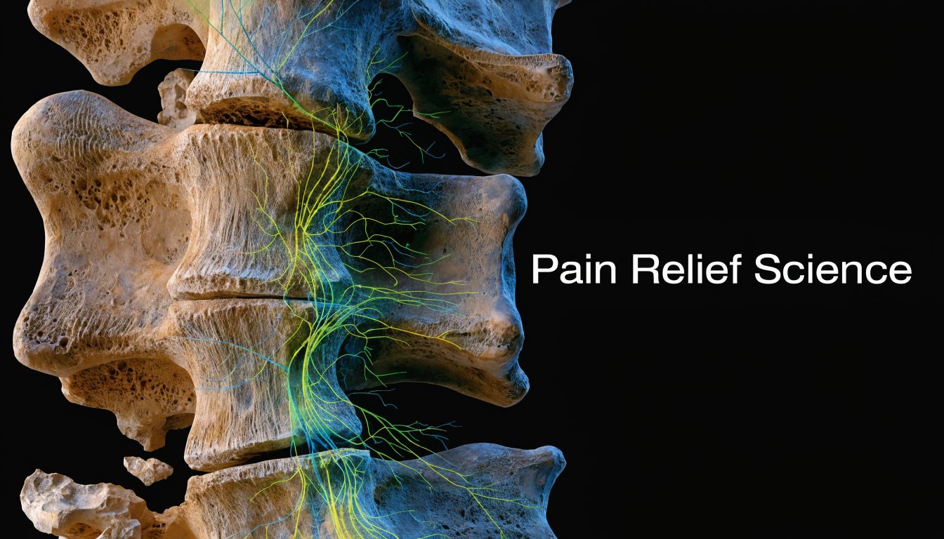 A 3D medical illustration showing human spinal vertebrae and nerve clusters with the text Pain Relief Science.