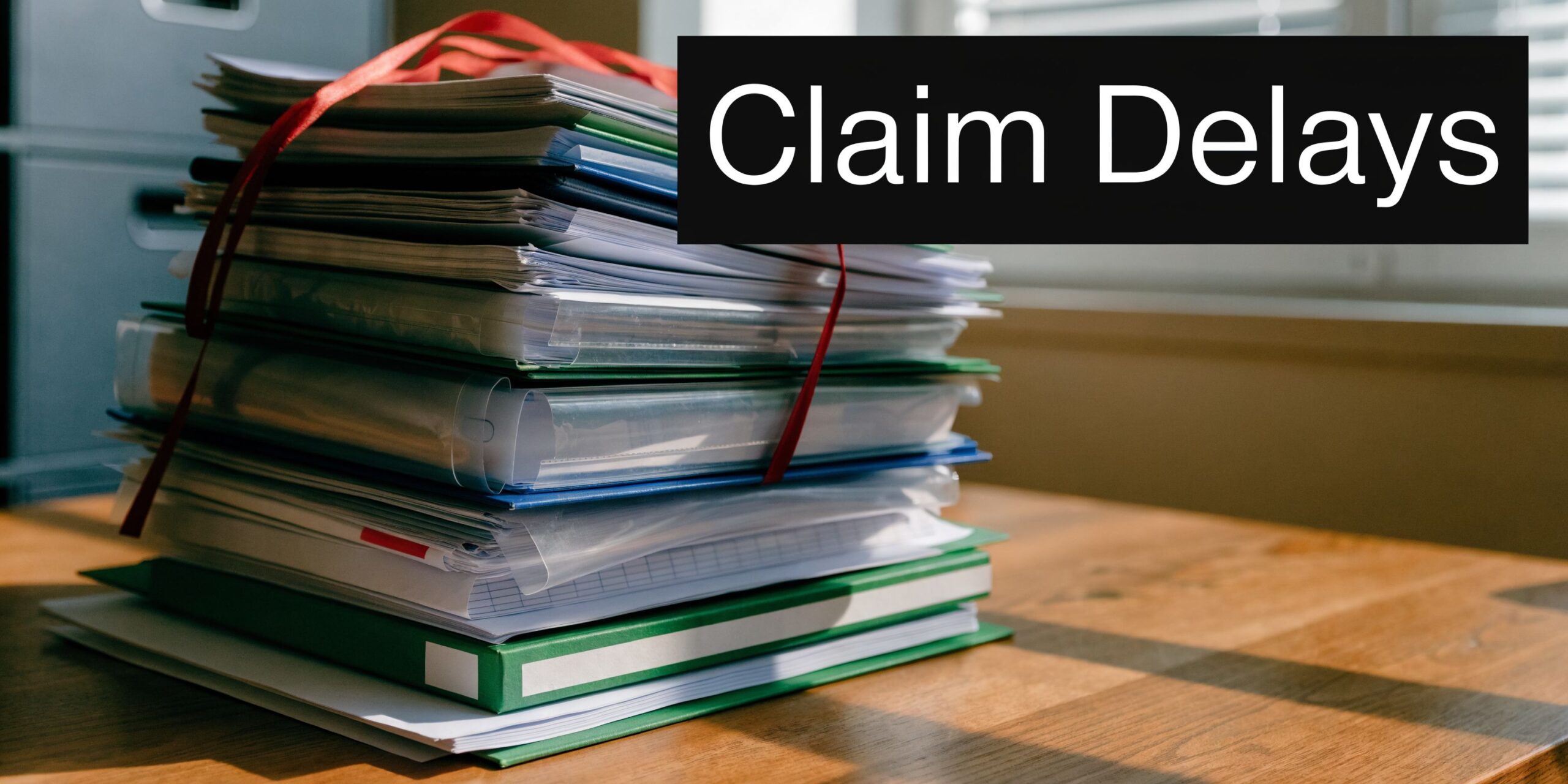 A large, messy stack of office documents tied with red ribbon, symbolizing significant workers compensation claim delays.