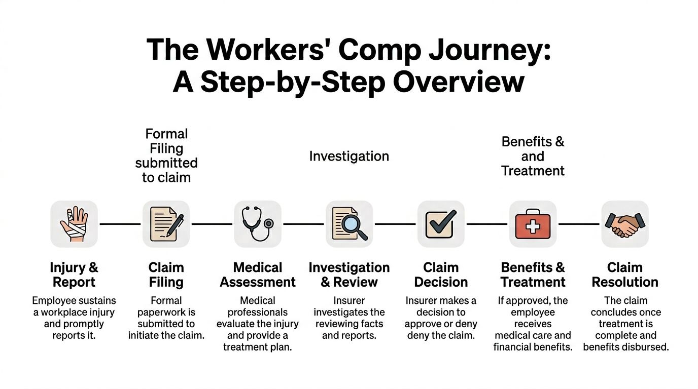 A step-by-step flowchart illustration outlining the seven stages of the workers' compensation insurance claim process.
