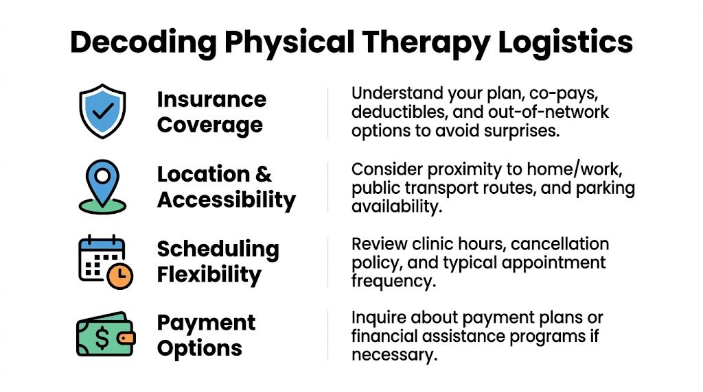 A checklist infographic titled Decoding Physical Therapy Logistics, highlighting insurance, location, scheduling, and payment considerations for patients.