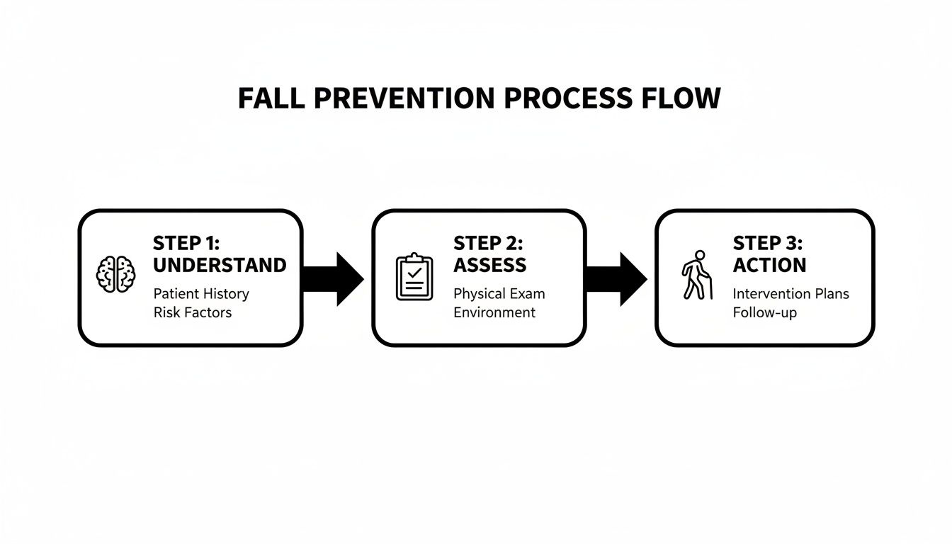 Flowchart illustrating a three-step fall prevention process: understand, assess, and act.