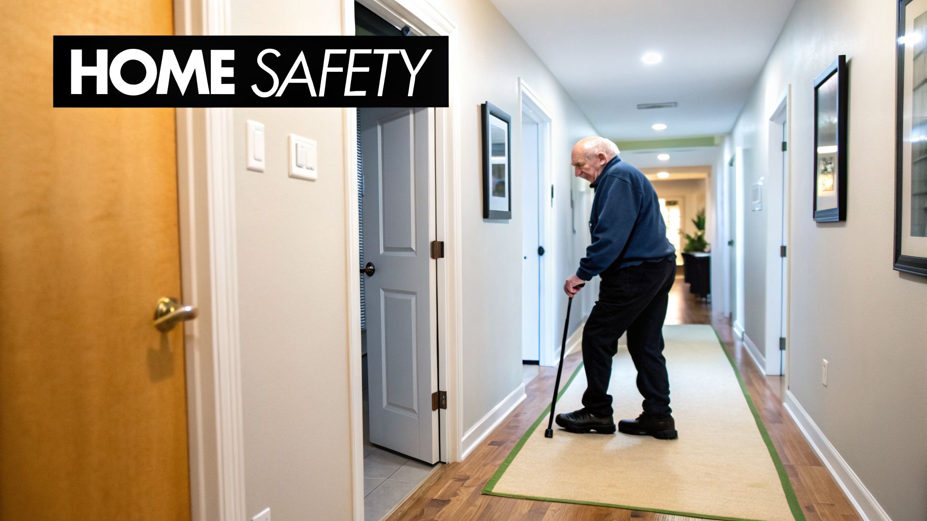 An elderly man uses a cane to walk down a well-lit hallway, emphasizing home safety.