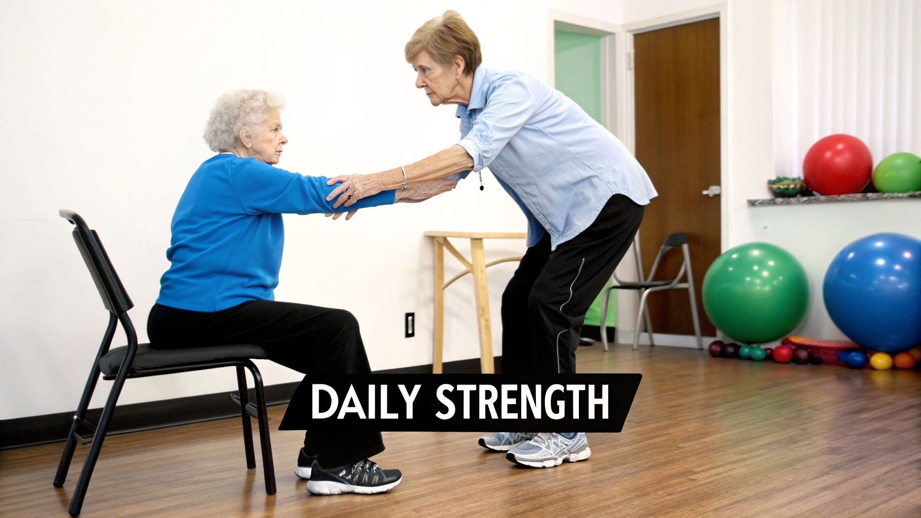 Two elderly women perform a supported chair exercise for daily strength and fall prevention.