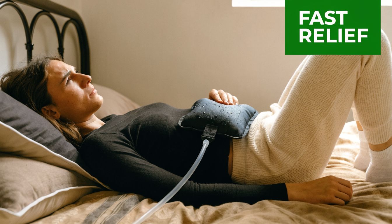 A person lying on a bed using a cooling pack on their abdomen for comfort.