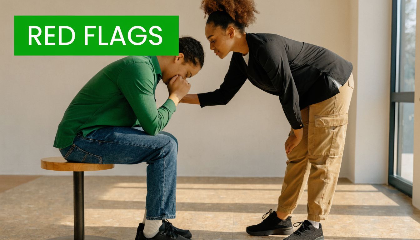 A woman leans forward to console a man sitting on a stool who appears to be upset.