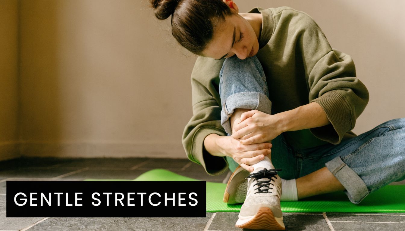 A woman sitting on a yoga mat stretching her leg to help relieve sciatica pain fast.