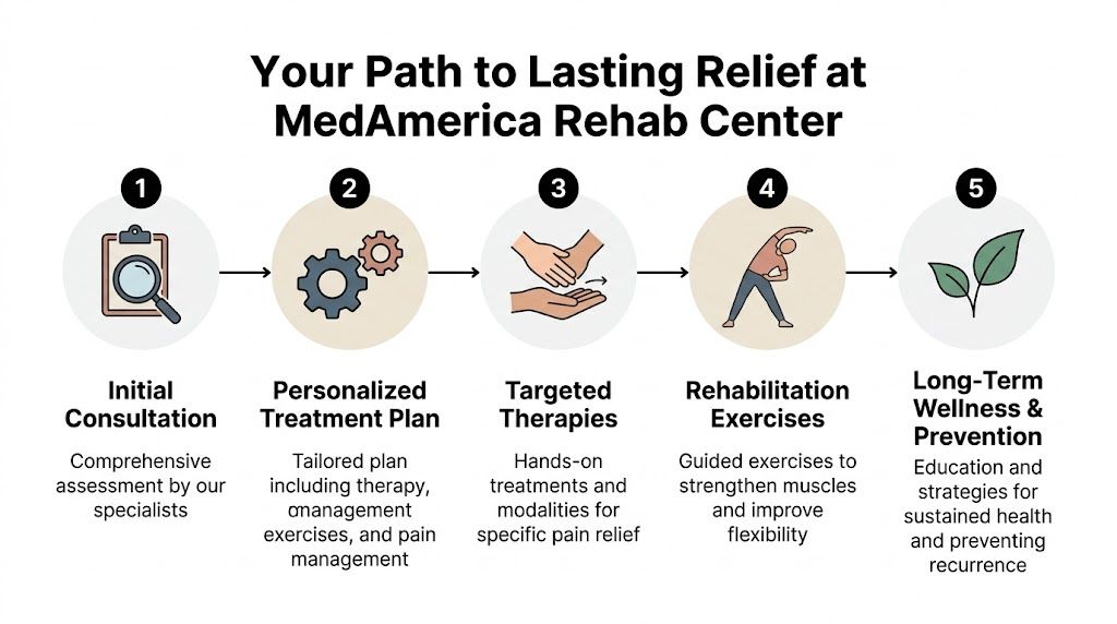 A five-step process infographic illustrating the path to lasting relief at MedAmerica Rehab Center.