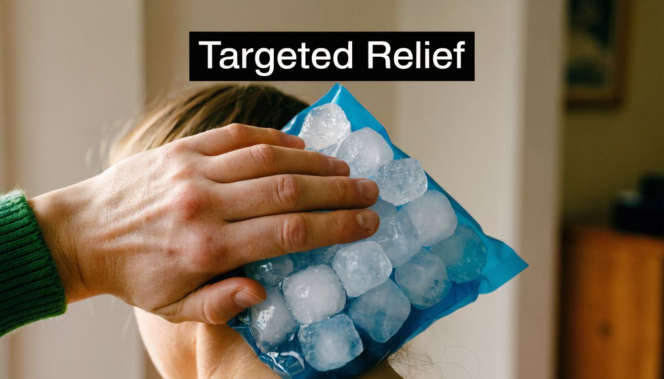 A person holding an ice pack against their neck to provide relief from discomfort or pain.