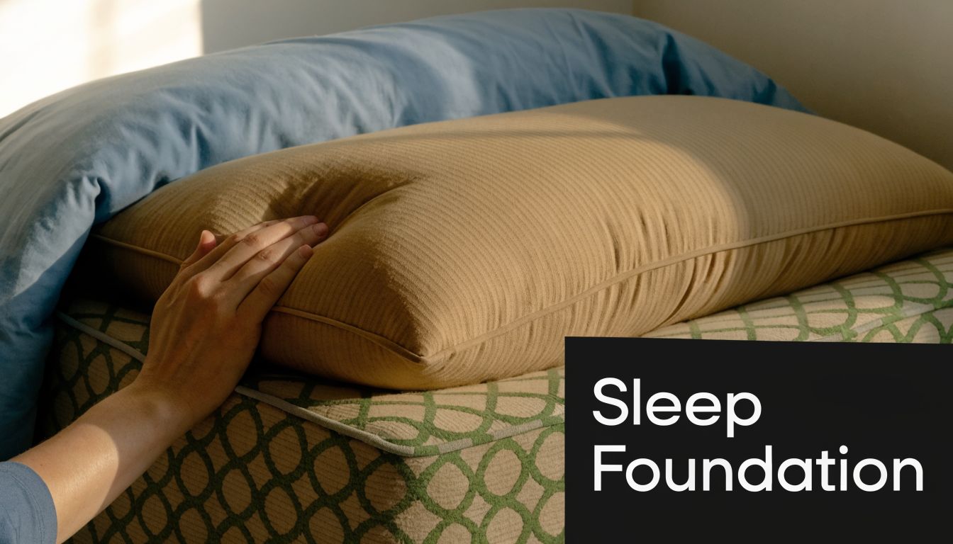A hand presses into a soft, tan-colored pillow resting on a patterned mattress to test its support.