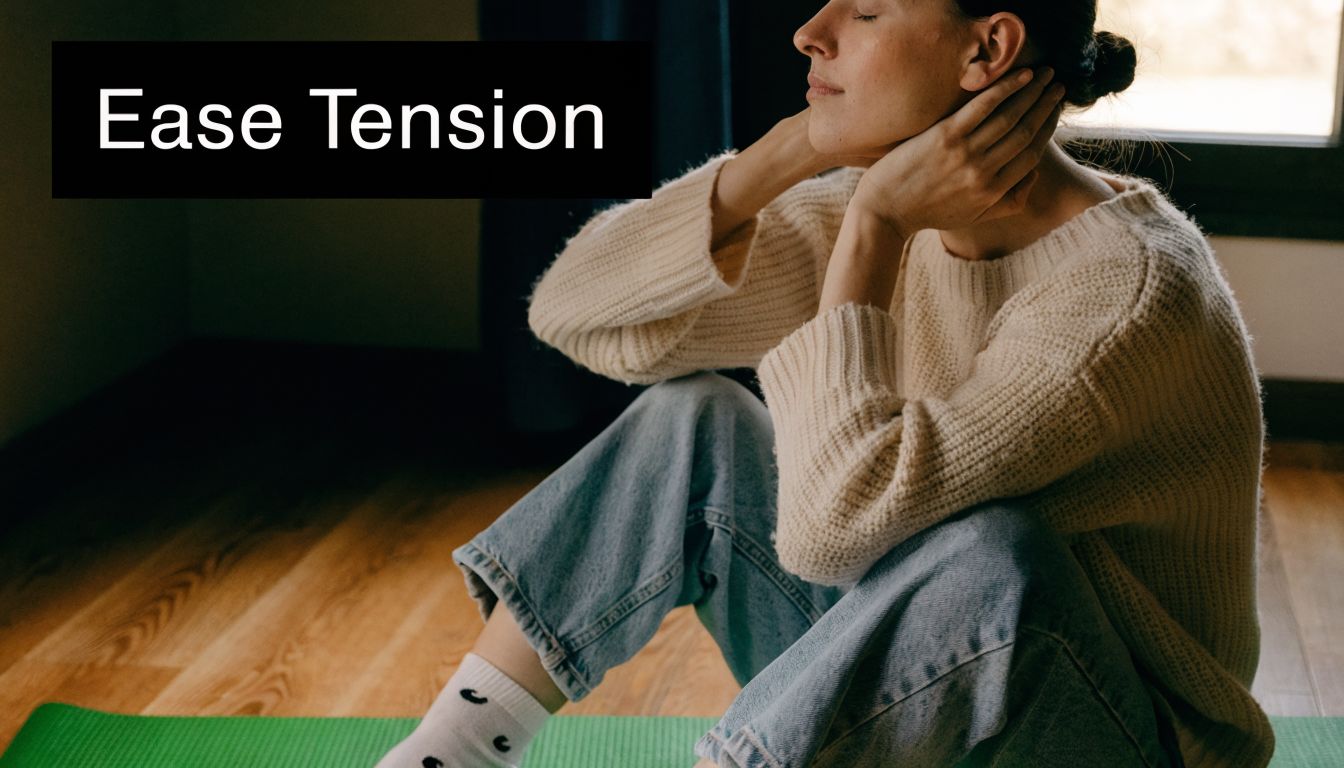A woman sits on a green yoga mat, holding her neck to relieve tension and stress.