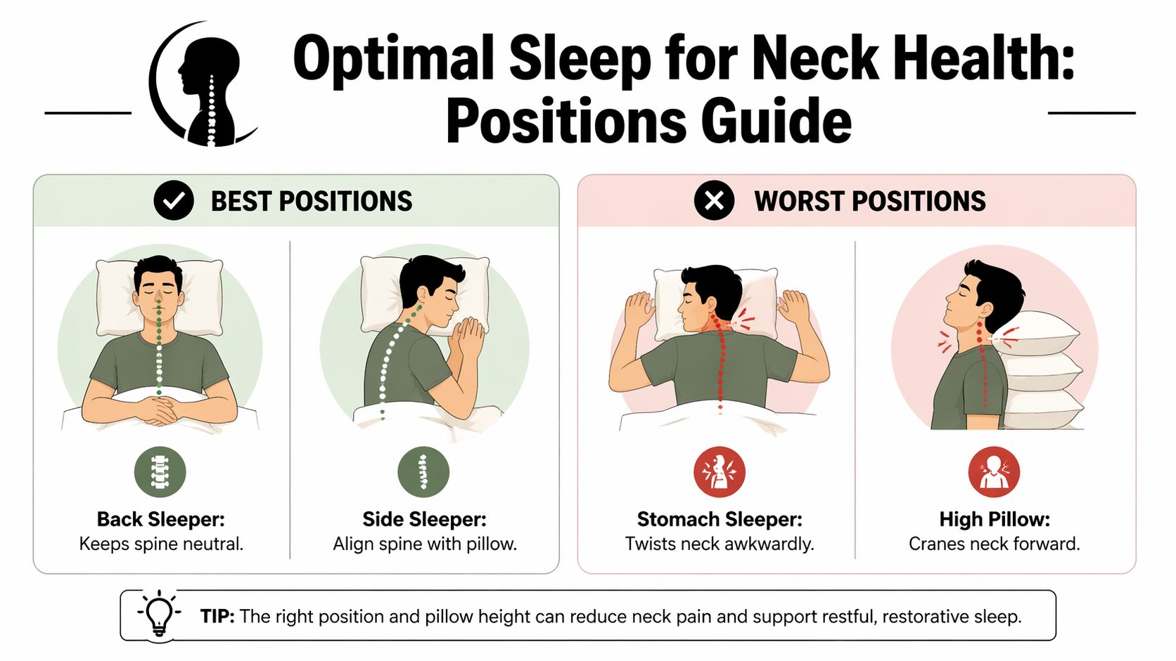 An infographic illustrating optimal and poor sleeping positions for neck health, including back, side, and stomach postures.
