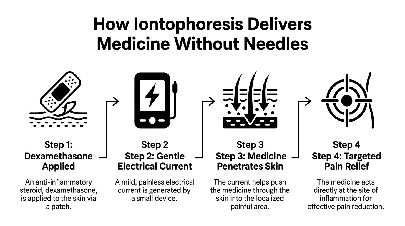 A four-step infographic explaining how iontophoresis uses electrical currents to deliver dexamethasone medicine through the skin.