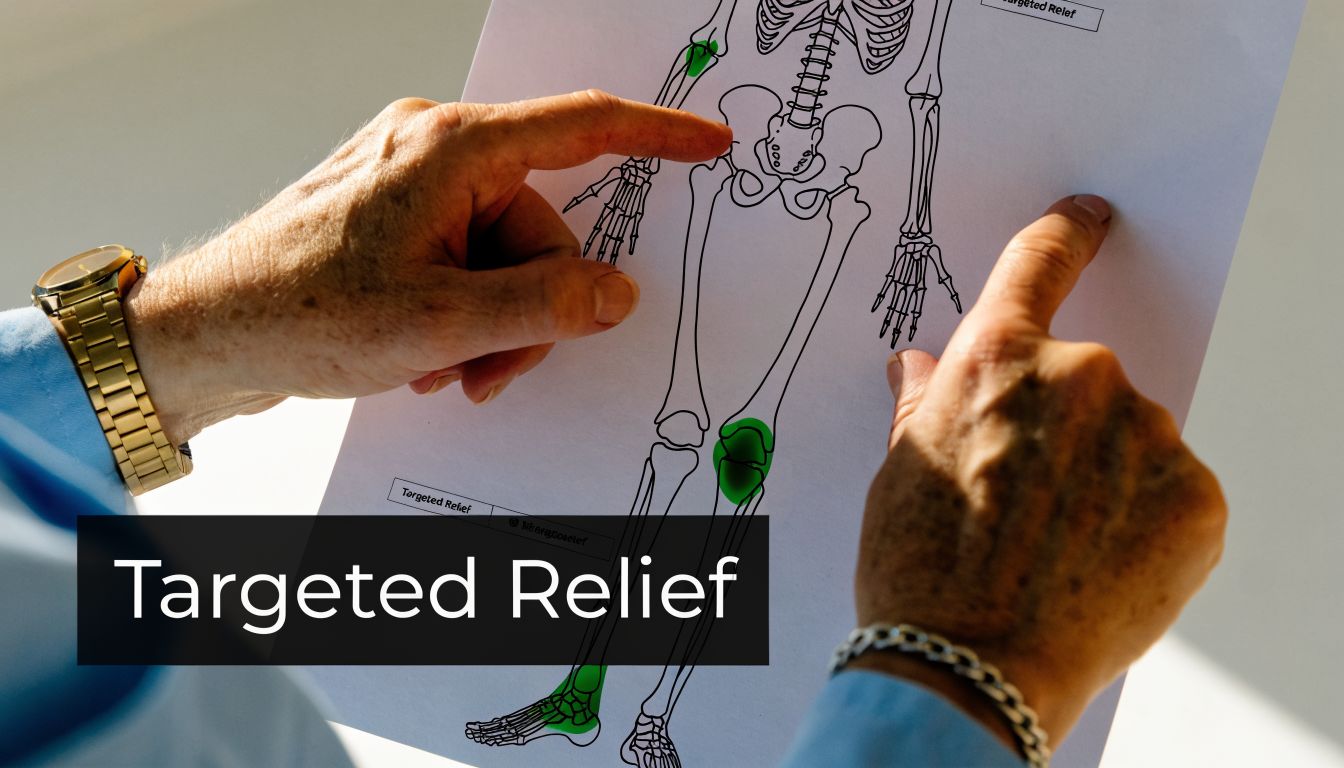 A doctor pointing to highlighted joint areas on a skeleton diagram illustrating physical therapy targeted relief options.