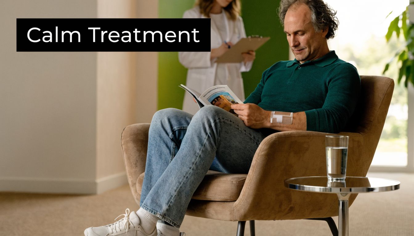 A relaxed man sits in a comfortable chair reading a brochure while wearing an iontophoresis patch.