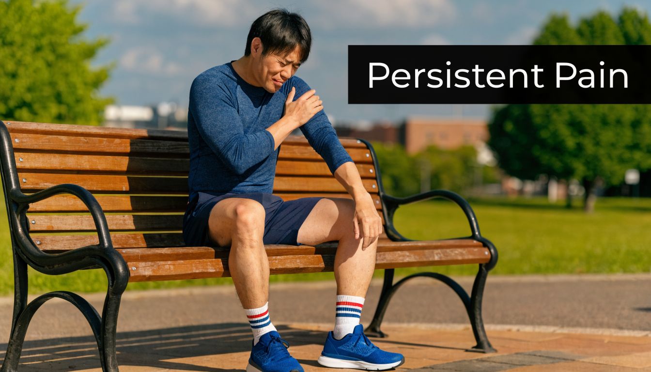 A male athlete sits on a park bench holding his shoulder in pain, representing persistent injury.