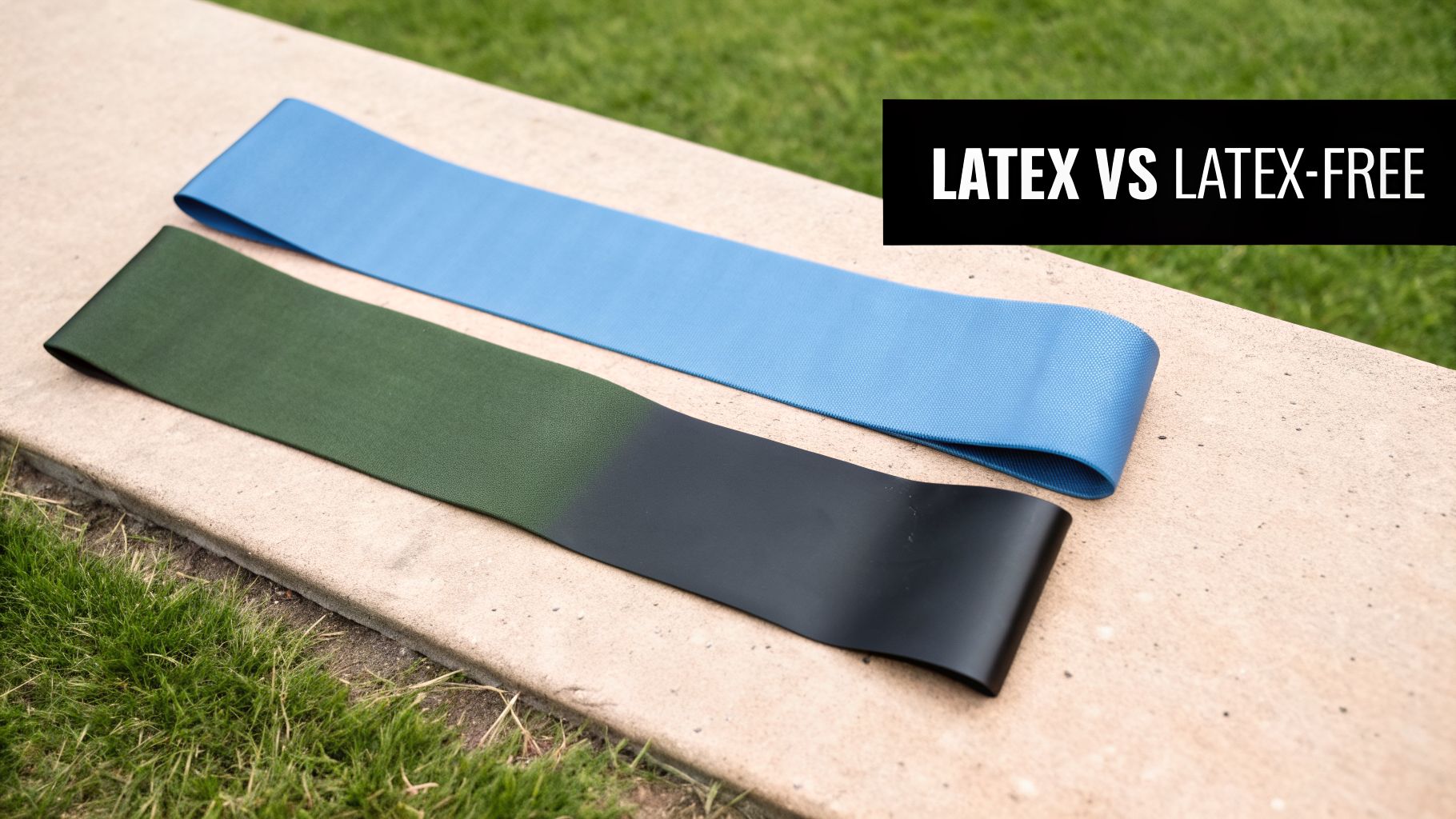 Two exercise bands, blue and green/black, on concrete with grass, illustrating latex vs latex-free types.