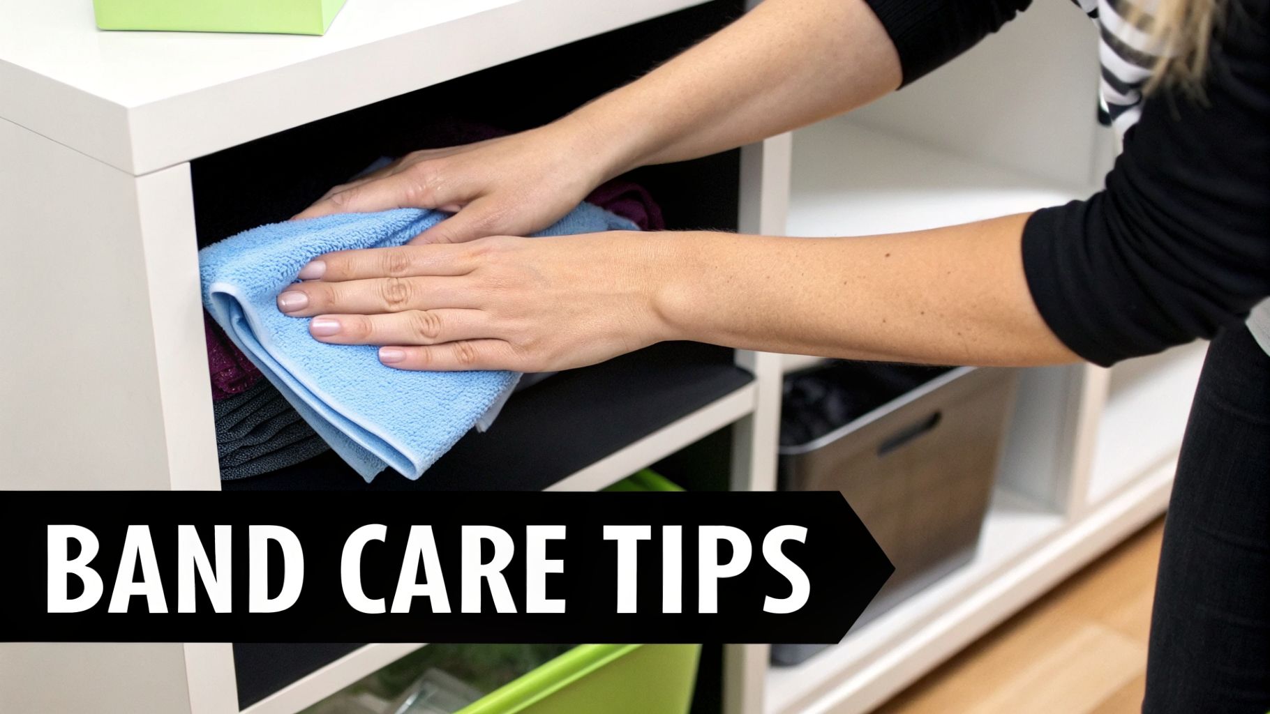 A person's hands are wiping a white storage shelf with a blue microfiber cloth, ensuring cleanliness.