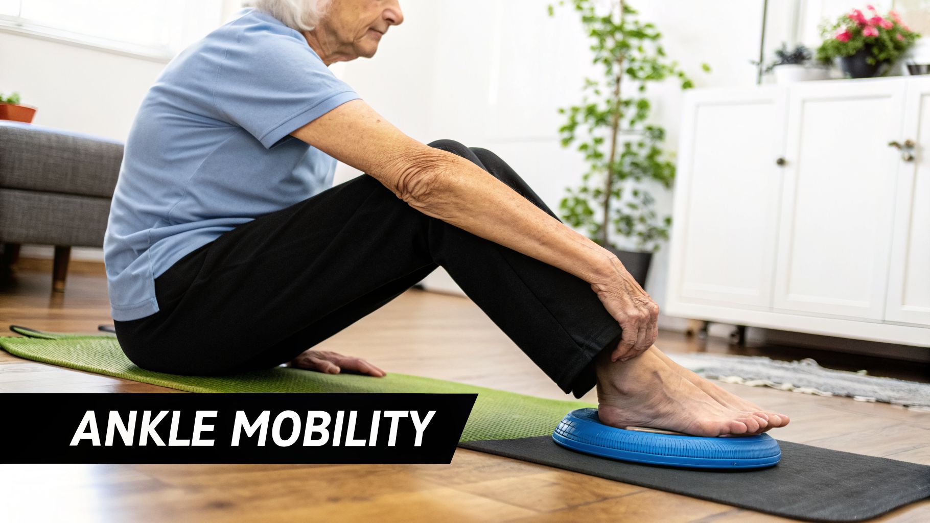An older adult performing ankle mobility exercises on a blue balance cushion at home.