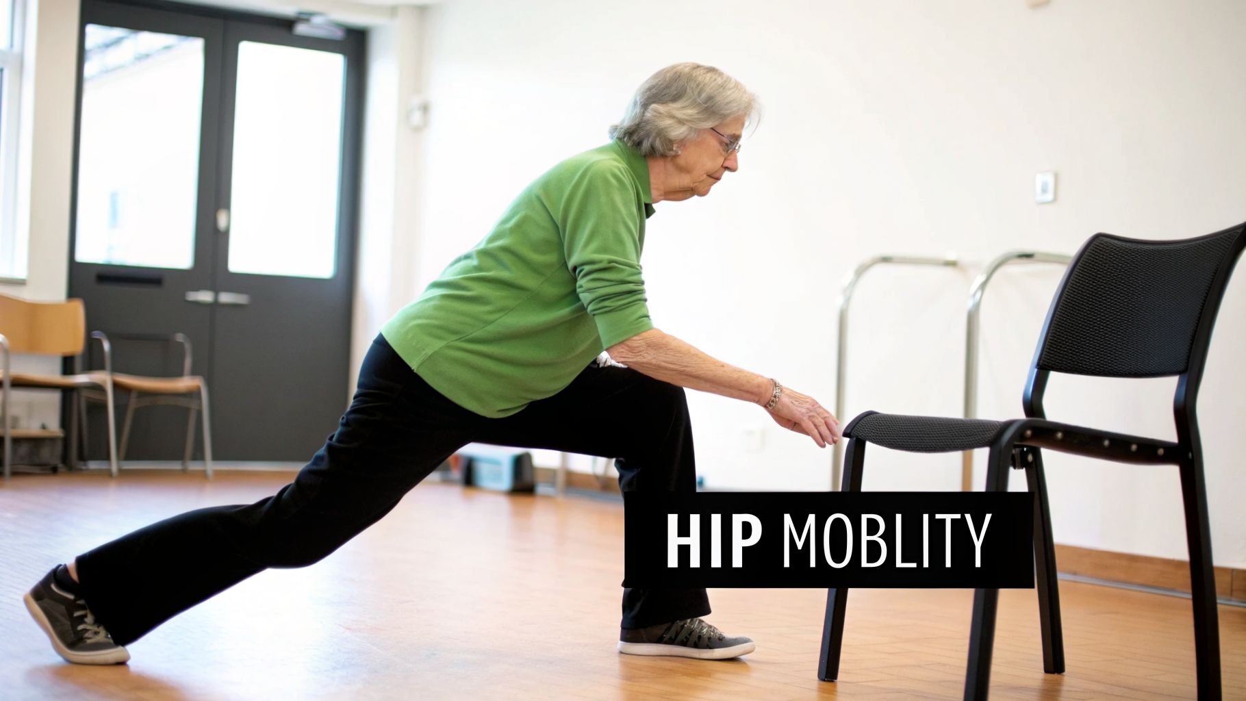 An older woman doing a lunge exercise, holding onto a chair for hip mobility.