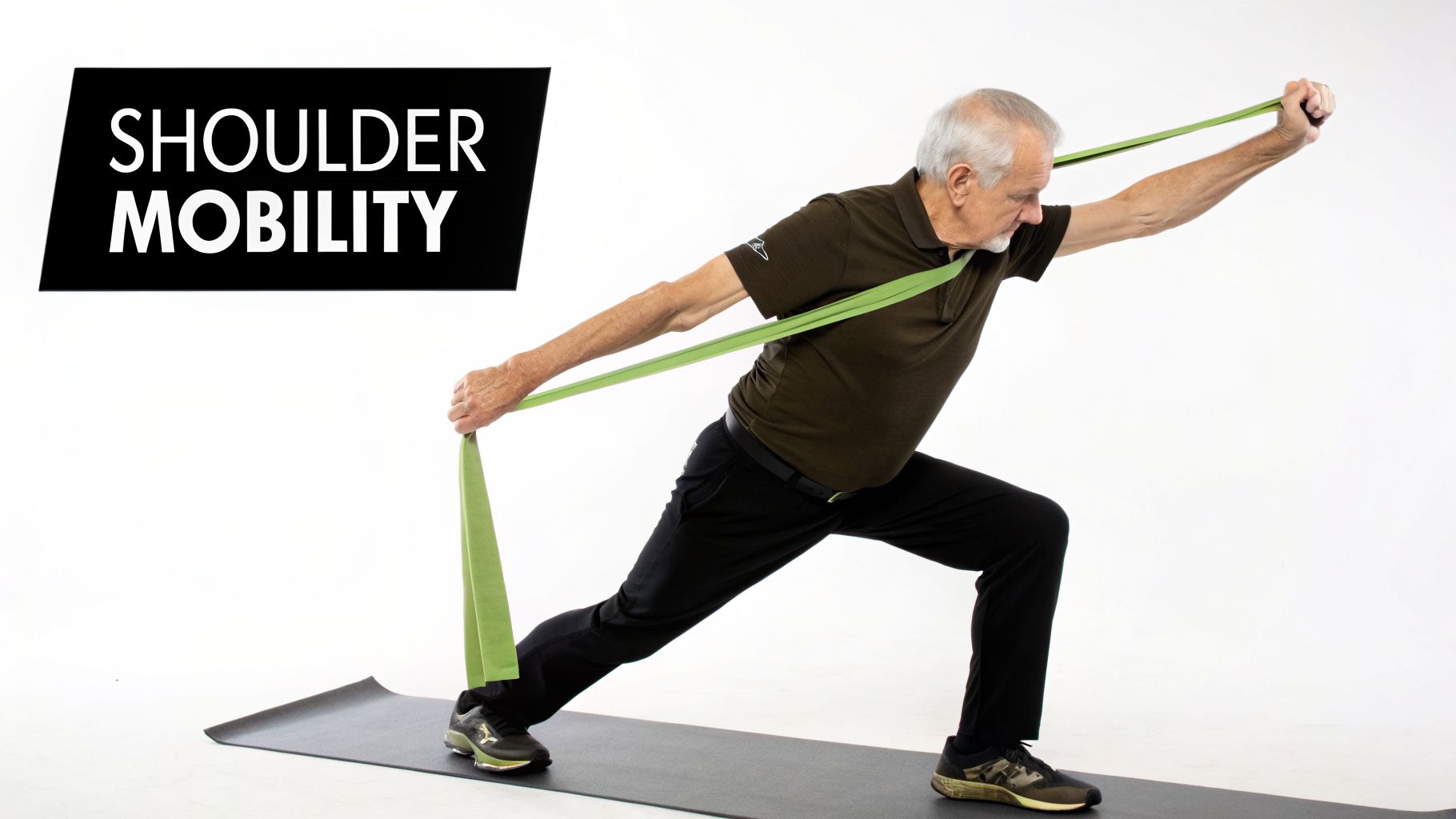 An older man performs shoulder mobility exercises with a green resistance band on a mat.