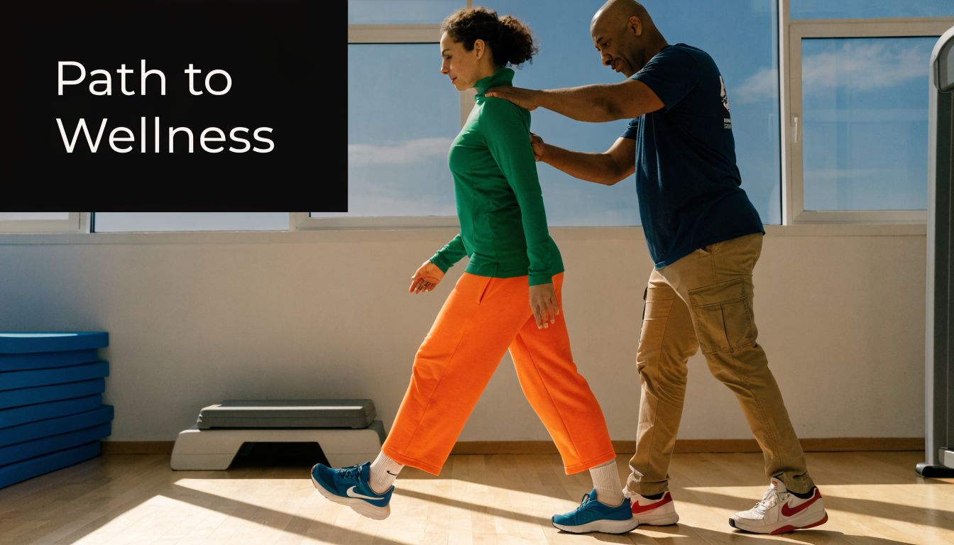 A male physical therapist guides a woman in a green shirt during a walking exercise session.
