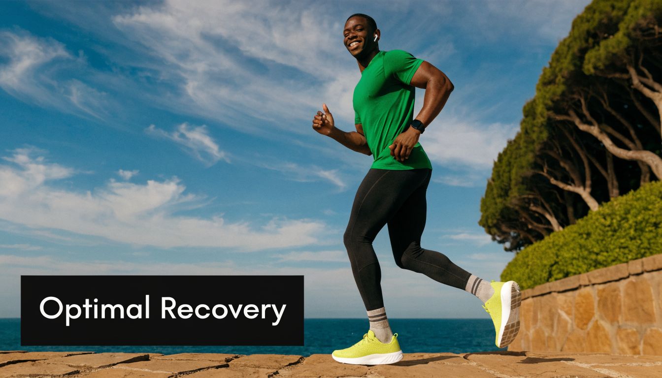 A happy male athlete wearing sportswear and running outdoors along the ocean shore with a clear sky.
