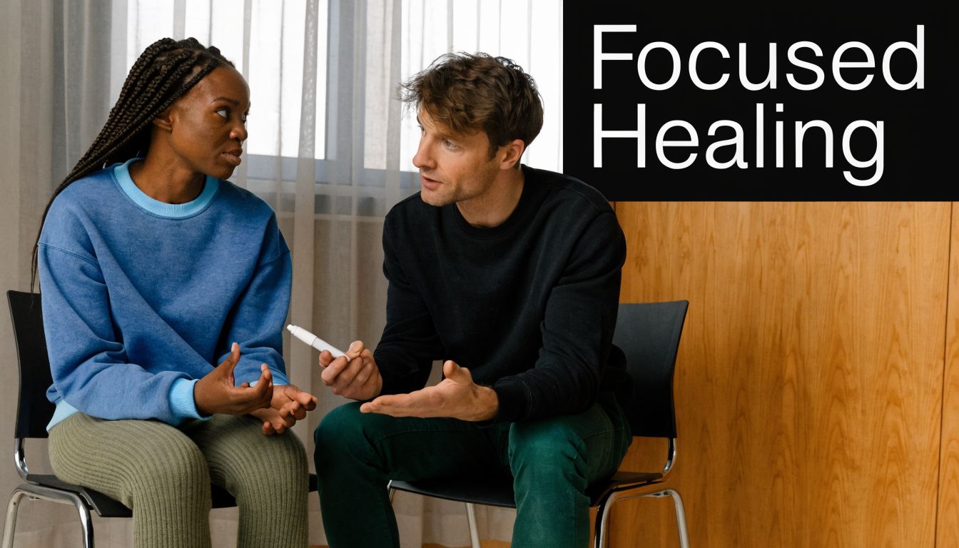A man and a woman sitting on chairs during a one-to-one therapy session in an office.
