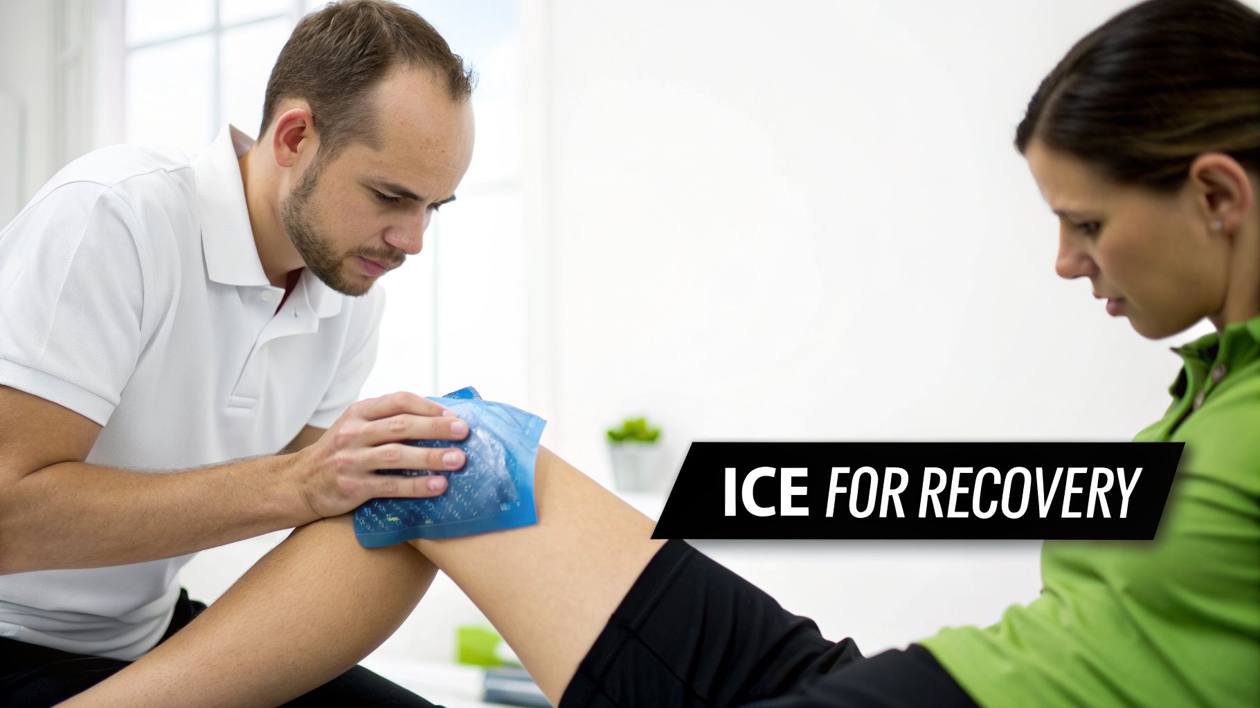 A male therapist applies a blue cold pack to a female patient's knee for recovery.